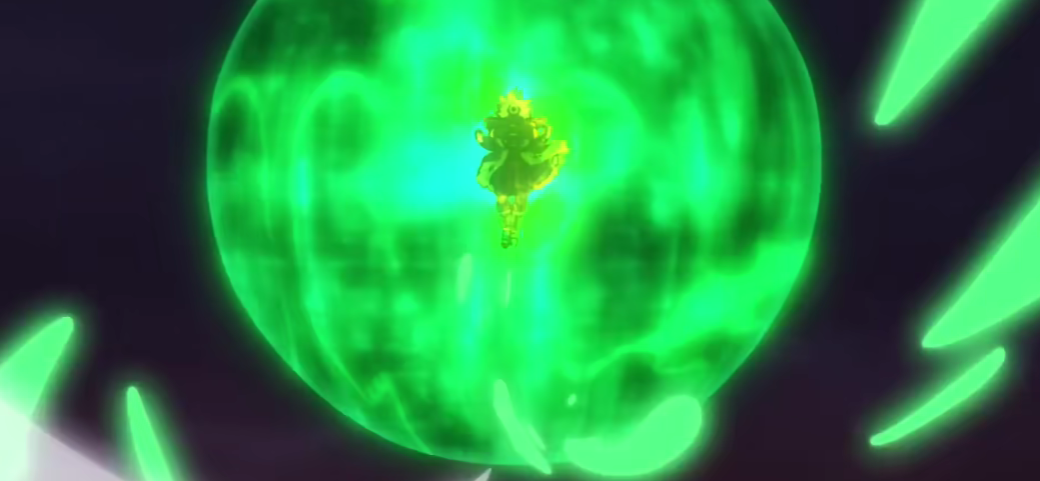 Broly releases stored Ki to avoid the explosion